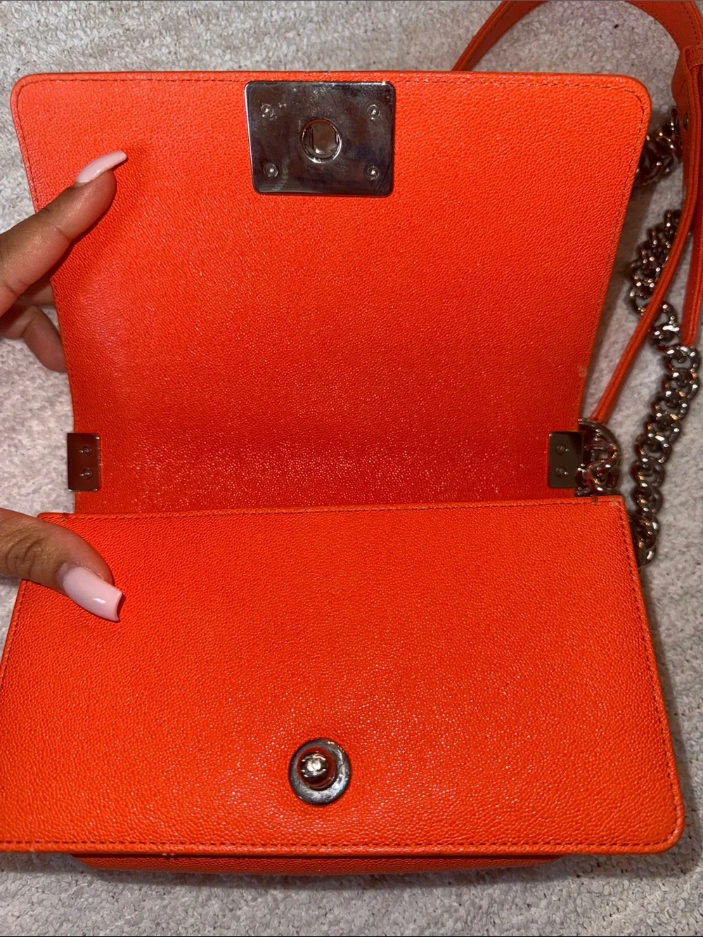 CHANEL Orange Quilted Boy Bag with Silver Chain